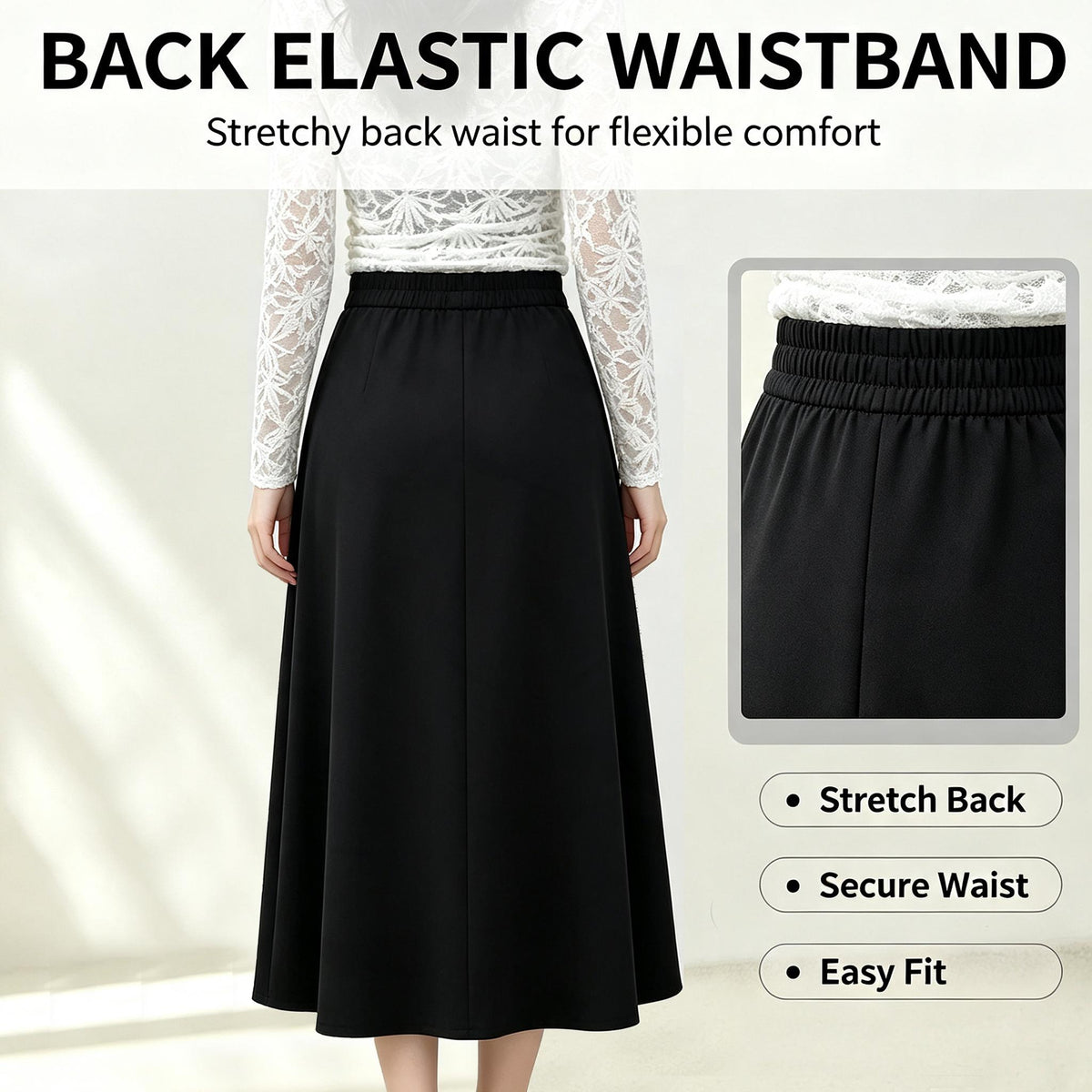 A-Line Solid Black Flared Midi Skirt with Functional Pockets