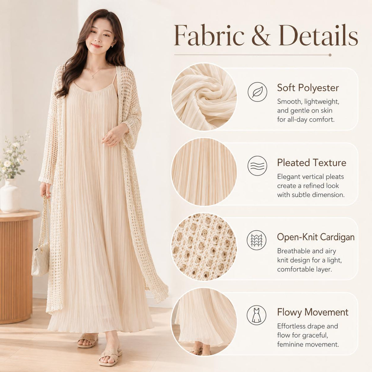 Two Piece Outfit White Hollow Tassel Sleeveless Striped Midi Dress Set