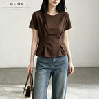 Brown Ribbed Waist Shaping Top