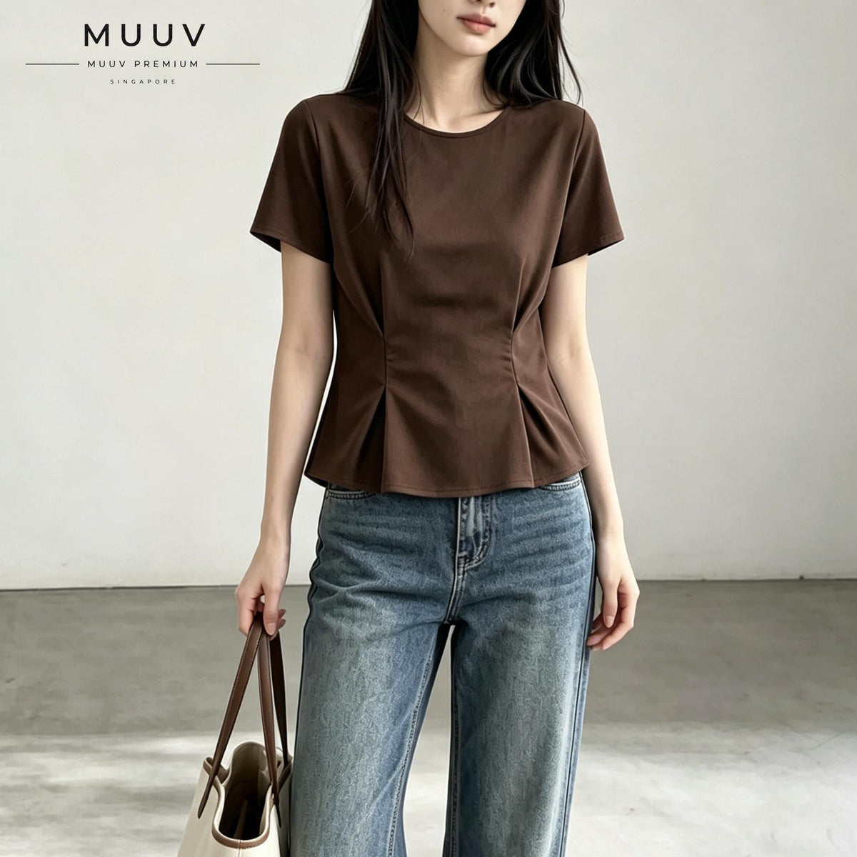 Brown Ribbed Waist Shaping Top