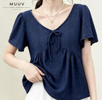 V Neck Navy Embroidery Top