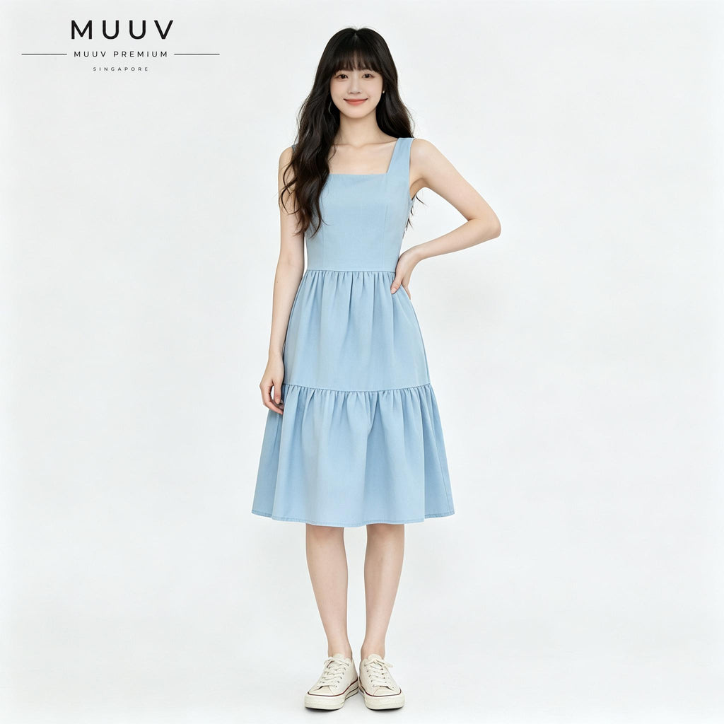 Women Square Neck Sleeveless Plain Midi Dress Tiered Ruffle Hem With Side Pockets