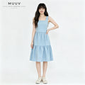 Women Square Neck Sleeveless Plain Midi Dress Tiered Ruffle Hem With Side Pockets