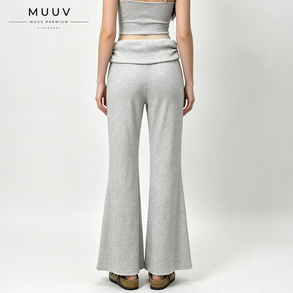 Ribbed Knit Fold Over Waist Flare Leg Pants
