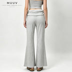 Ribbed Knit Fold Over Waist Flare Leg Pants