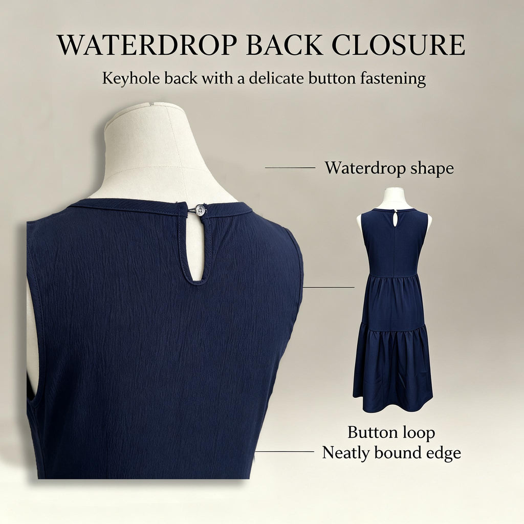 Sleeveless A Line Gathered Round Neck Back Keyhole Midi Dress