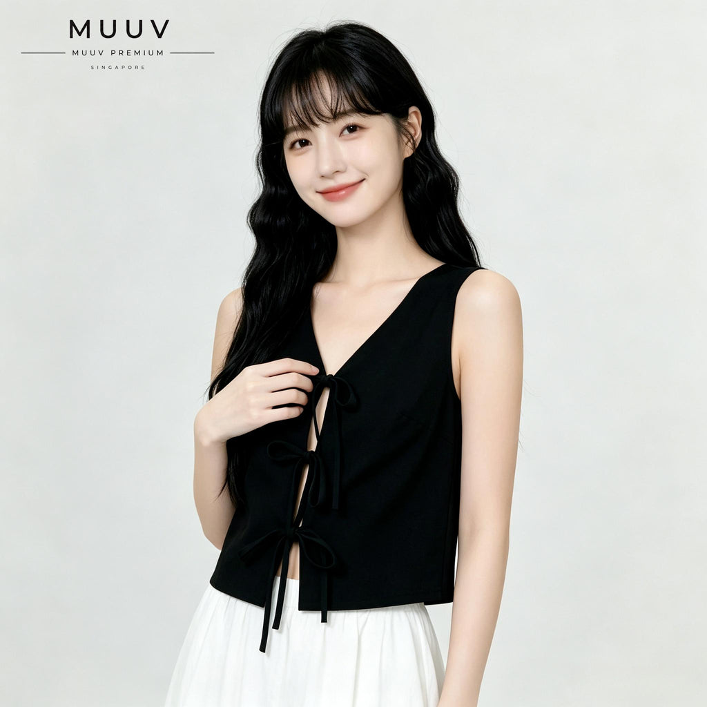 Sleeveless Tie Front Vest V Neck Cropped Top Jacquard Texture Casual Blouse Soft Breathable Fabric New Chinese Style Daily Outfit Summer Fashion Top For Ladies