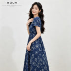 Navy Blue Short Sleeve V Neck Floral Midi Dress