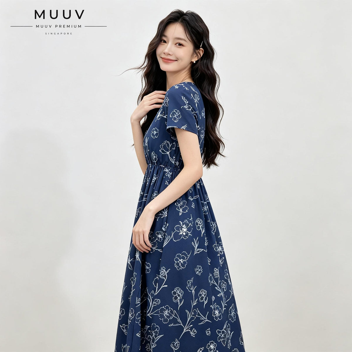 Navy Blue Short Sleeve V Neck Floral Midi Dress