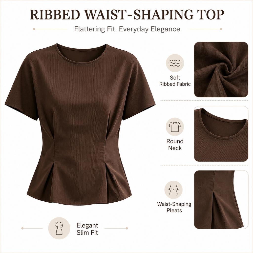 Brown Ribbed Waist Shaping Top