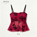 Gathered Bust Floral Mesh Camisole Peplum Flounce Hem