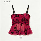 Gathered Bust Floral Mesh Camisole Peplum Flounce Hem