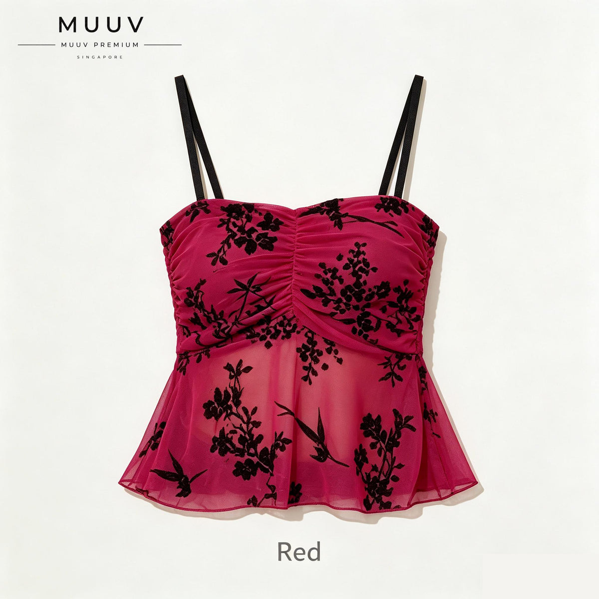 Gathered Bust Floral Mesh Camisole Peplum Flounce Hem