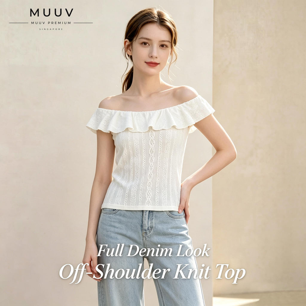 Women Eyelet Embroidery Ruffle Convertible Neck Knit Top