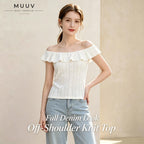 Women Eyelet Embroidery Ruffle Convertible Neck Knit Top