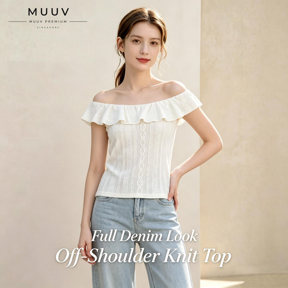Women Eyelet Embroidery Ruffle Convertible Neck Knit Top