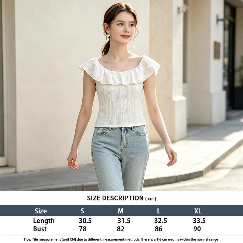 Women Eyelet Embroidery Ruffle Convertible Neck Knit Top
