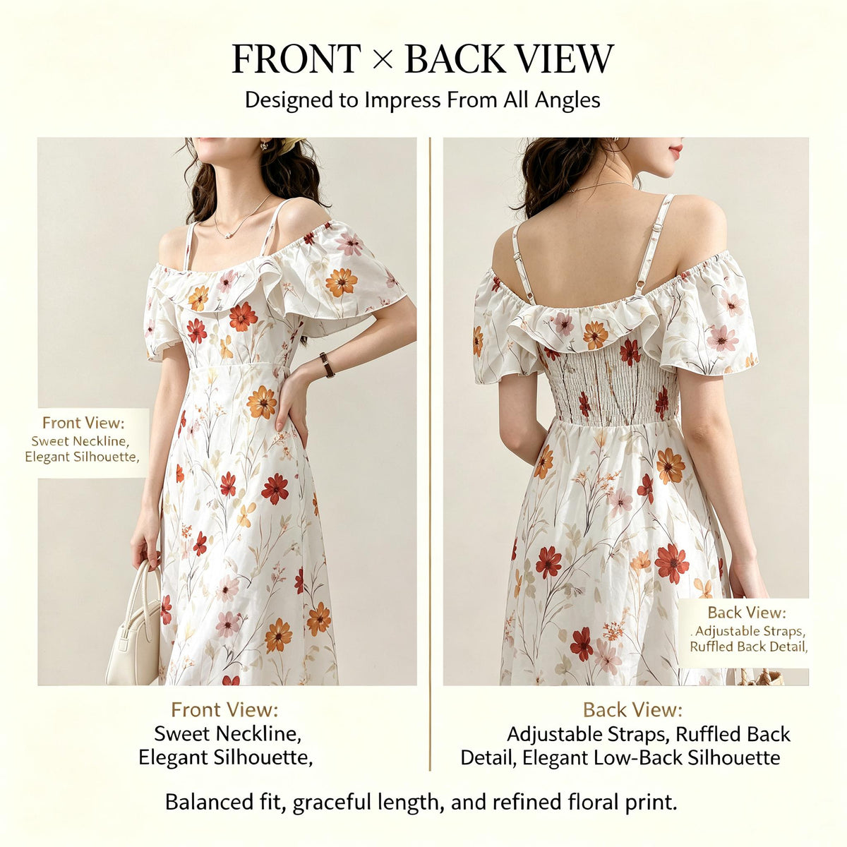Off Shoulder Spaghetti Strap Floral Midi Dress Ruffle Short Sleeve Flowy A Line Swing Dress Lightweight Chiffon Fabric Summer Vacation Beach Casual Daily Party Weekend Outfit