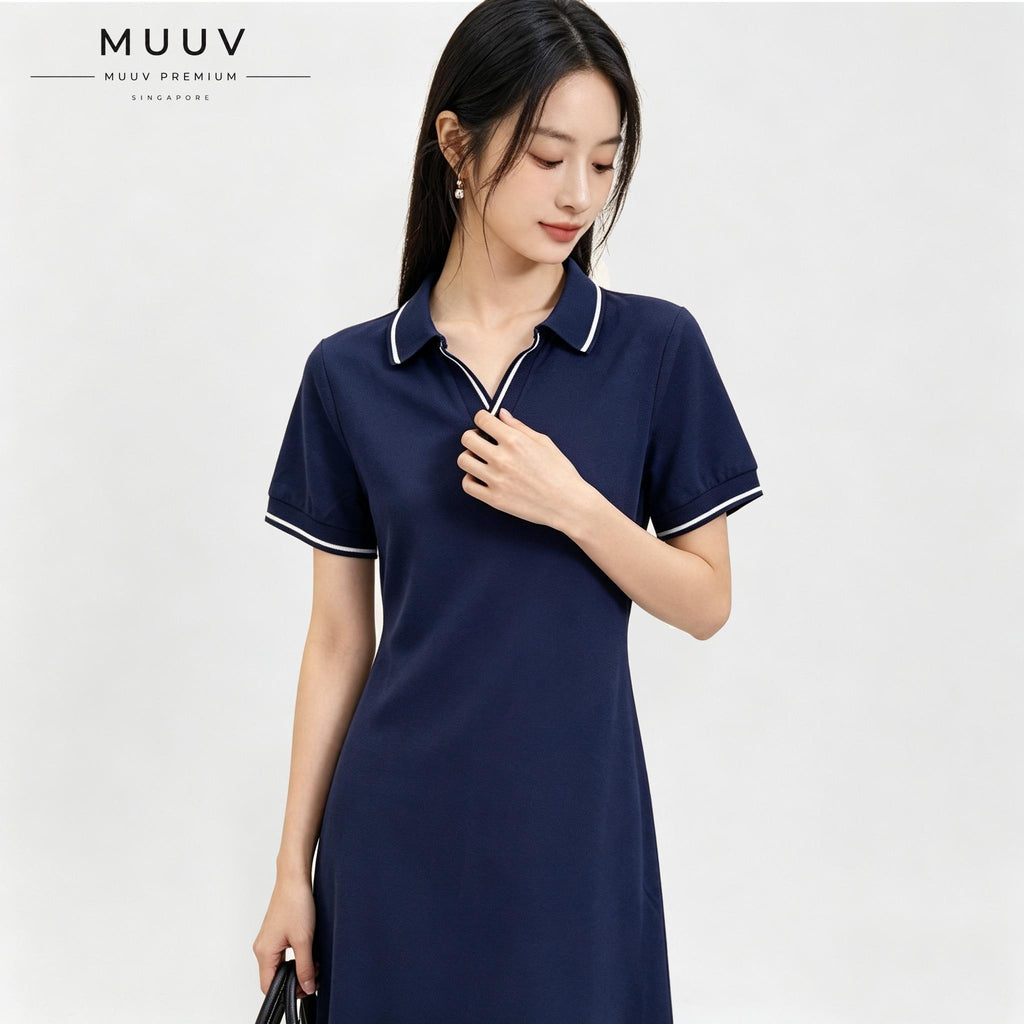 Women V neck Polo Collar Short Sleeved Maxi Dress