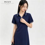 Women V neck Polo Collar Short Sleeved Maxi Dress