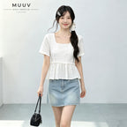 Women Eyelet Embroidery Square Neck Short Sleeve Top