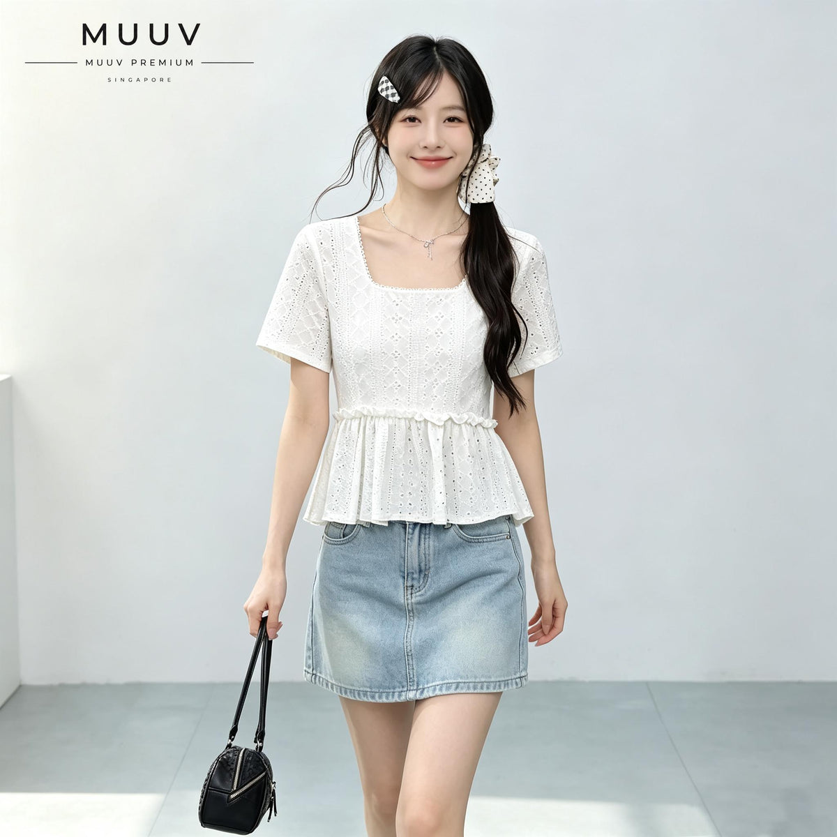 Women Eyelet Embroidery Square Neck Short Sleeve Top