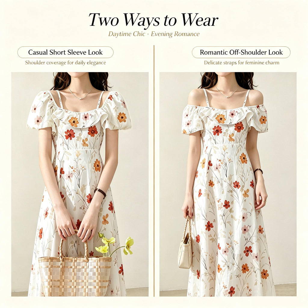 Off Shoulder Spaghetti Strap Floral Midi Dress Ruffle Short Sleeve Flowy A Line Swing Dress Lightweight Chiffon Fabric Summer Vacation Beach Casual Daily Party Weekend Outfit