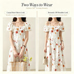 Off Shoulder Spaghetti Strap Floral Midi Dress Ruffle Short Sleeve Flowy A Line Swing Dress Lightweight Chiffon Fabric Summer Vacation Beach Casual Daily Party Weekend Outfit
