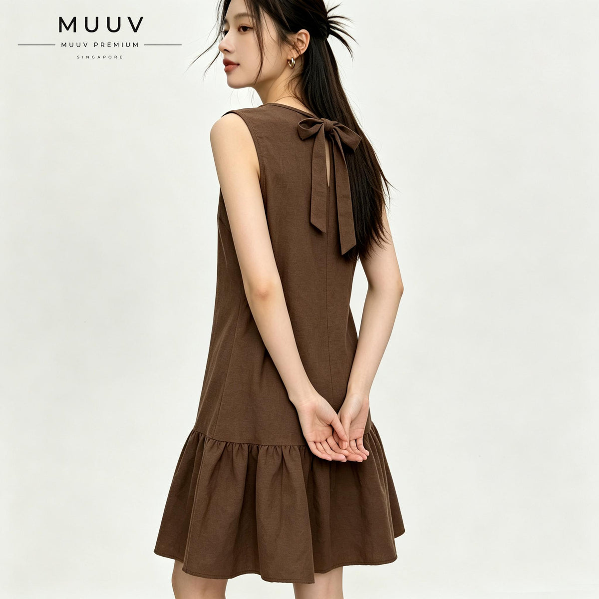Brown Sleeveless Ruffle Hem Mini A Line Dress