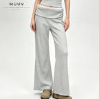 Ribbed Knit Fold Over Waist Flare Leg Pants