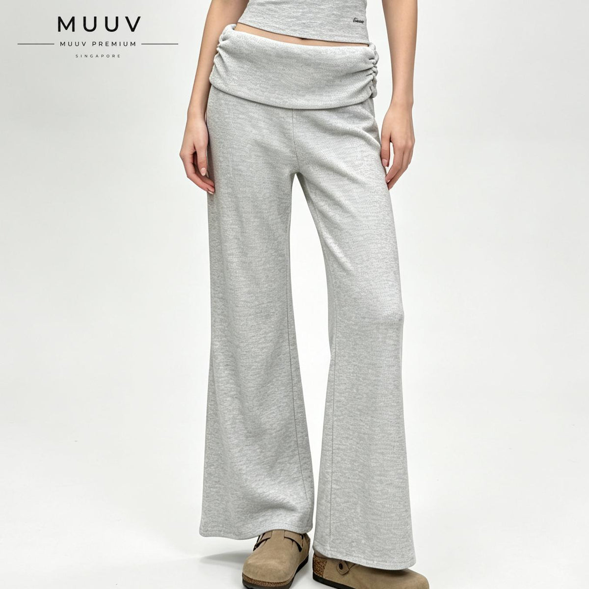 Ribbed Knit Fold Over Waist Flare Leg Pants