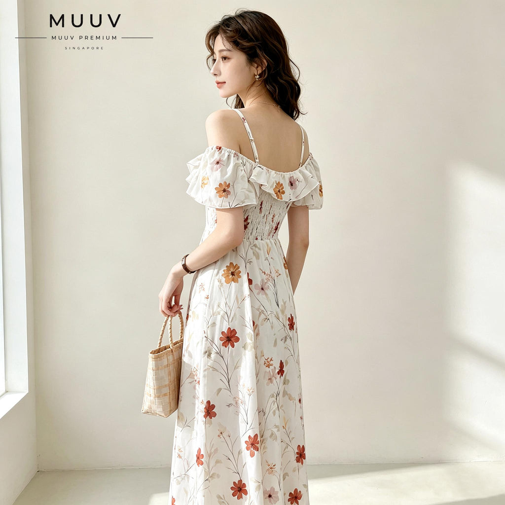 Off Shoulder Spaghetti Strap Floral Midi Dress Ruffle Short Sleeve Flowy A Line Swing Dress Lightweight Chiffon Fabric Summer Vacation Beach Casual Daily Party Weekend Outfit