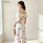 Off Shoulder Spaghetti Strap Floral Midi Dress Ruffle Short Sleeve Flowy A Line Swing Dress Lightweight Chiffon Fabric Summer Vacation Beach Casual Daily Party Weekend Outfit