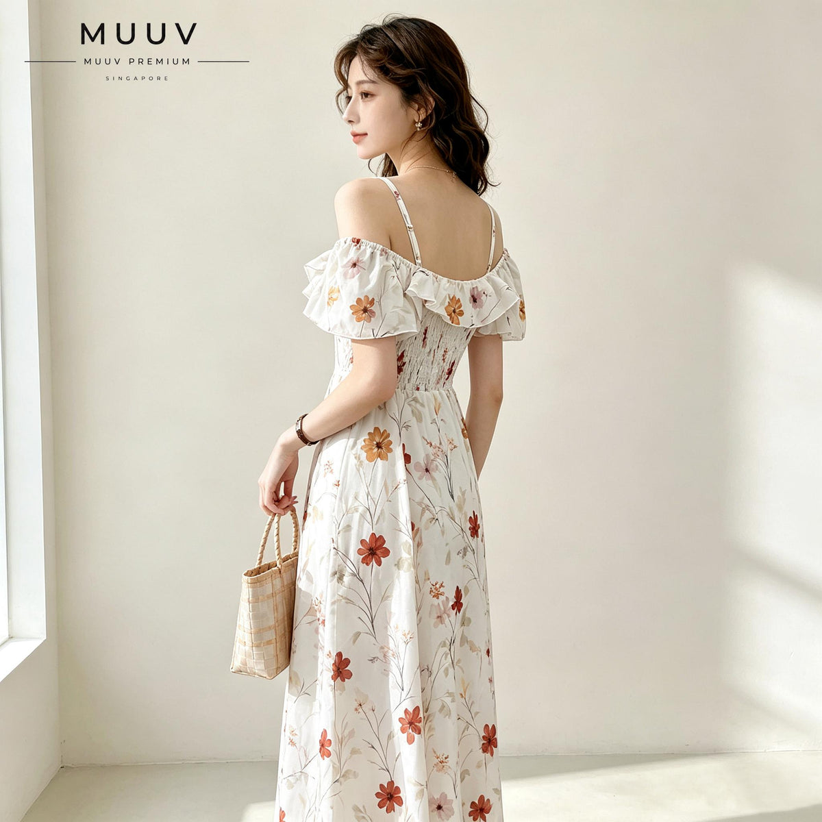 Off Shoulder Spaghetti Strap Floral Midi Dress Ruffle Short Sleeve Flowy A Line Swing Dress Lightweight Chiffon Fabric Summer Vacation Beach Casual Daily Party Weekend Outfit