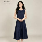 Sleeveless A Line Gathered Round Neck Back Keyhole Midi Dress