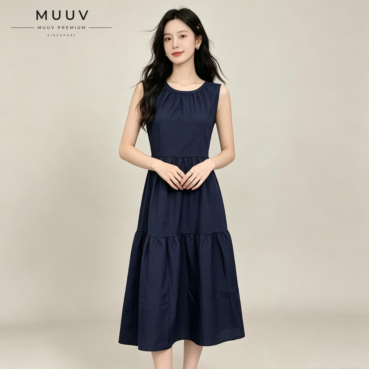 Sleeveless A Line Gathered Round Neck Back Keyhole Midi Dress