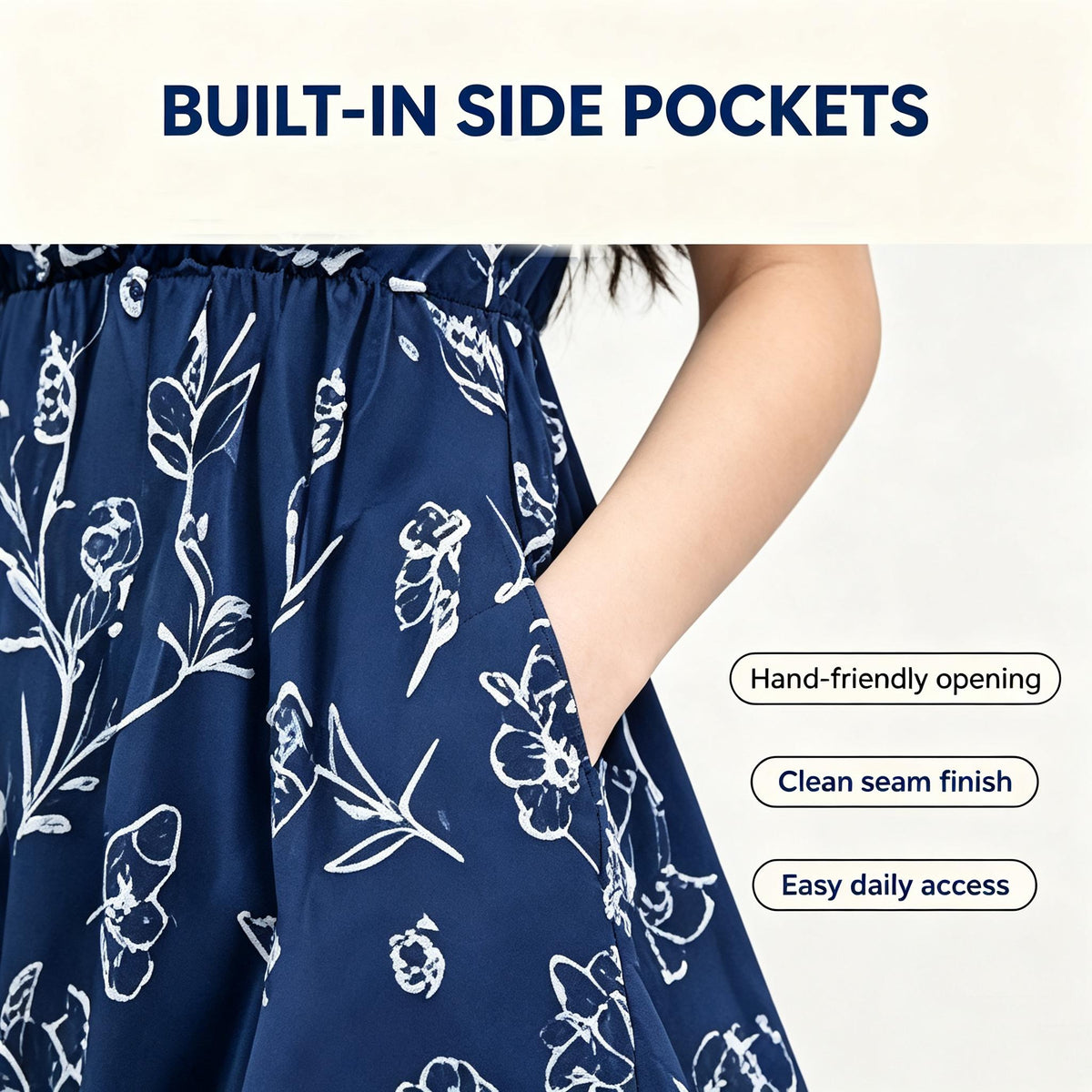 Navy Blue Short Sleeve V Neck Floral Midi Dress