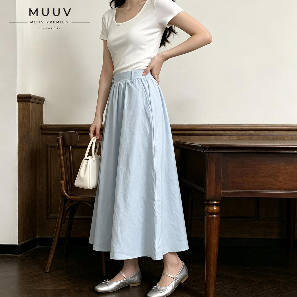 A Line Midi Long Skirt with Side Pockets