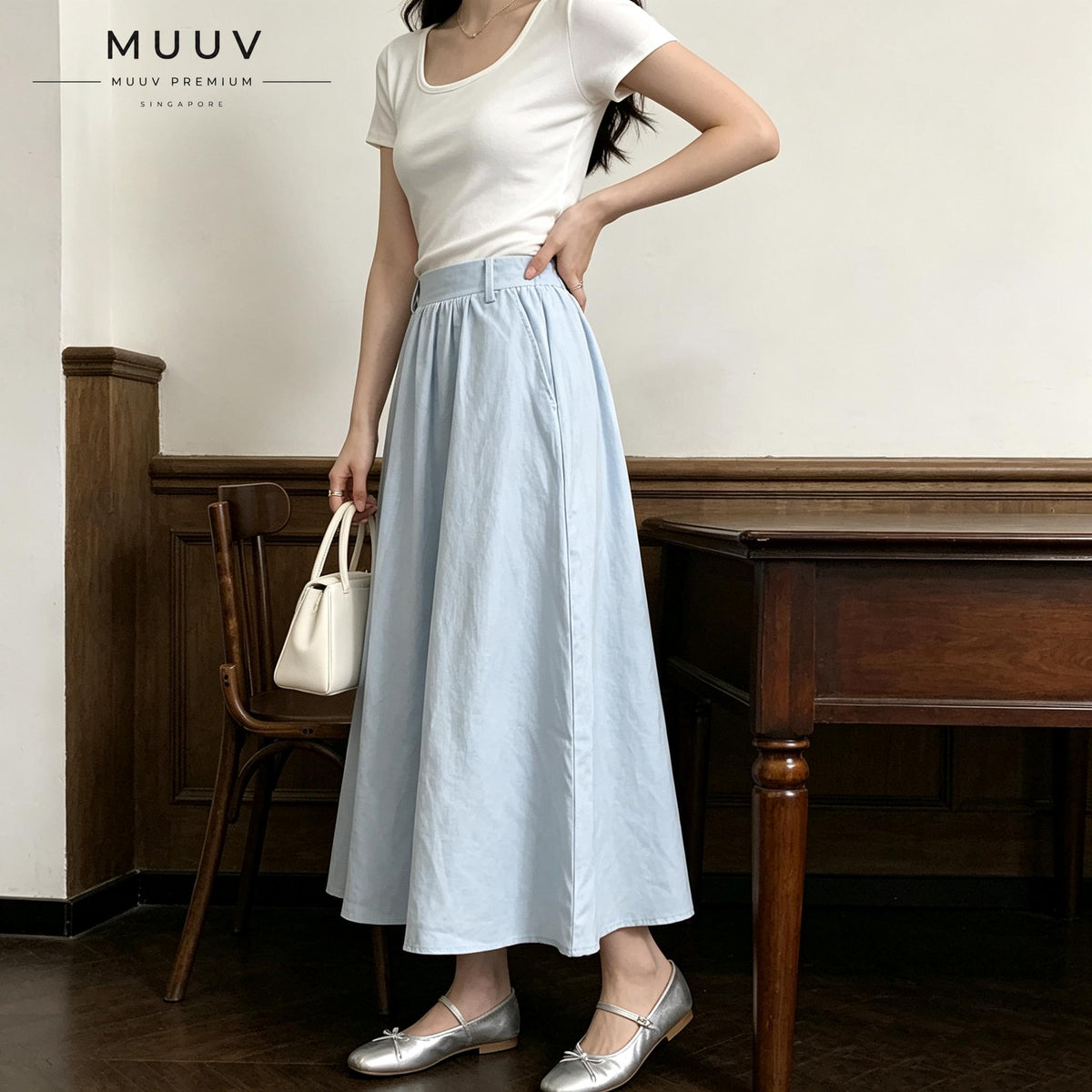 A Line Midi Long Skirt with Side Pockets