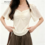 Jacquard Sweetheart Neckline Flutter Sleeve Blouse