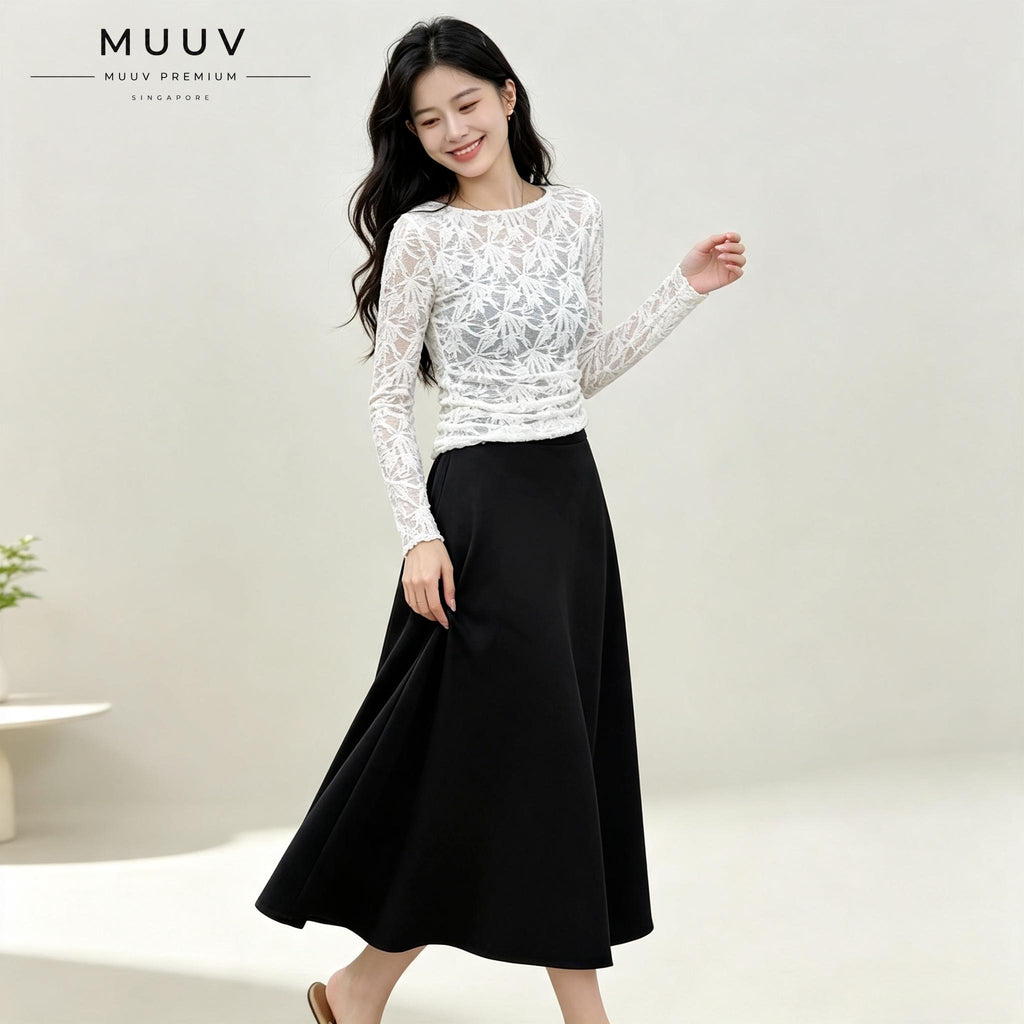 A-Line Solid Black Flared Midi Skirt with Functional Pockets