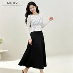 A-Line Solid Black Flared Midi Skirt with Functional Pockets