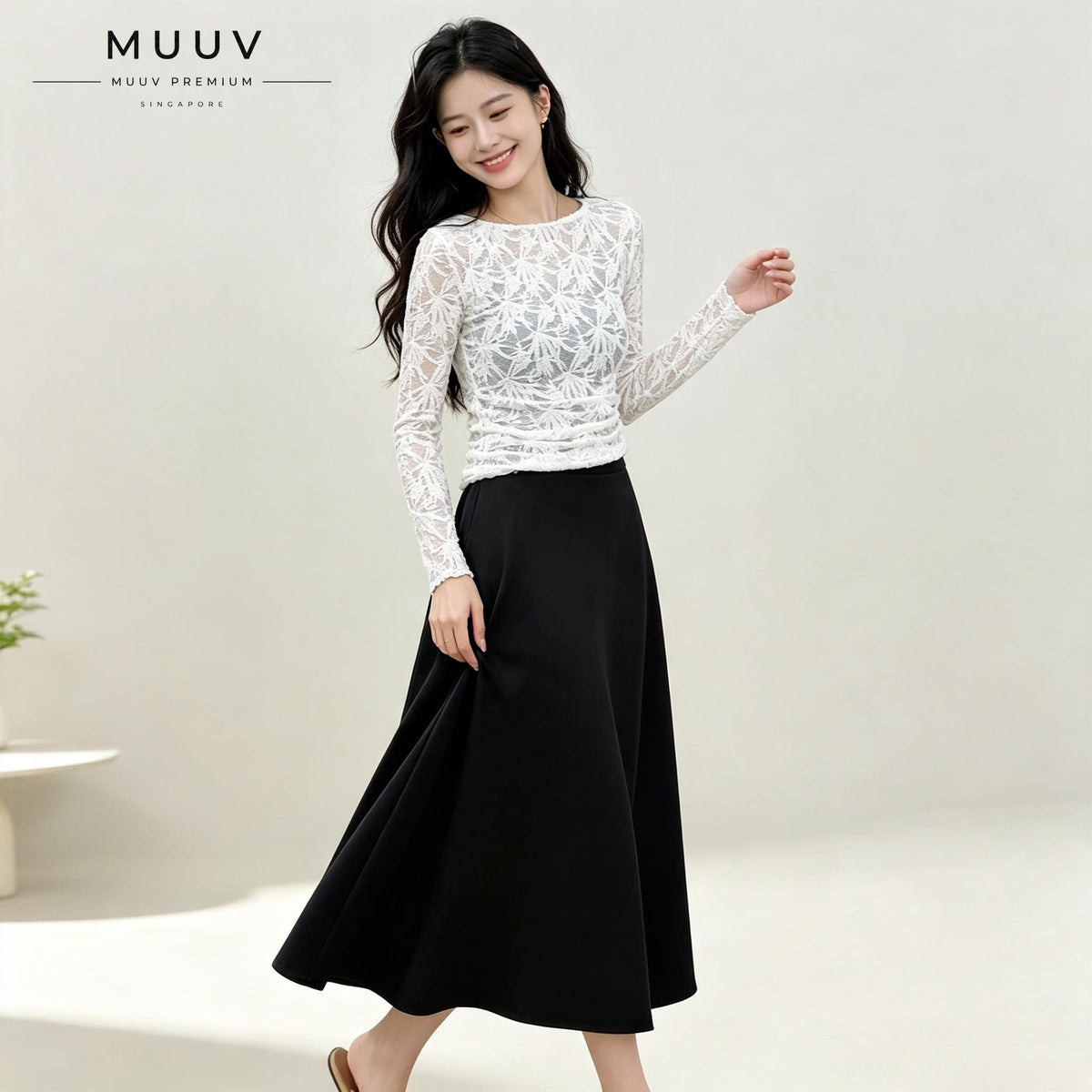 A-Line Solid Black Flared Midi Skirt with Functional Pockets
