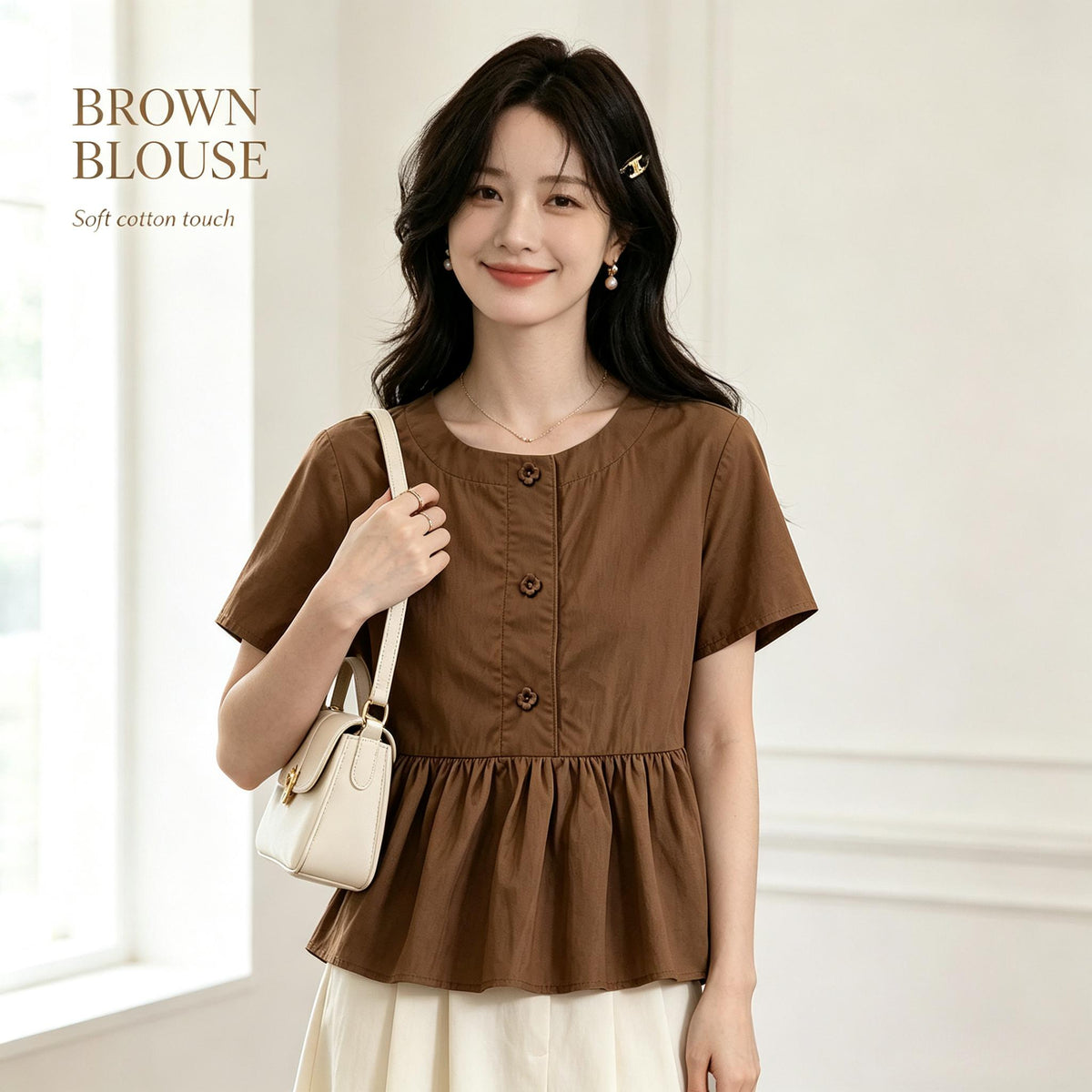 Casual Round Neck Short Sleeve Peplum Blouse Top
