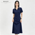 Women V neck Polo Collar Short Sleeved Maxi Dress