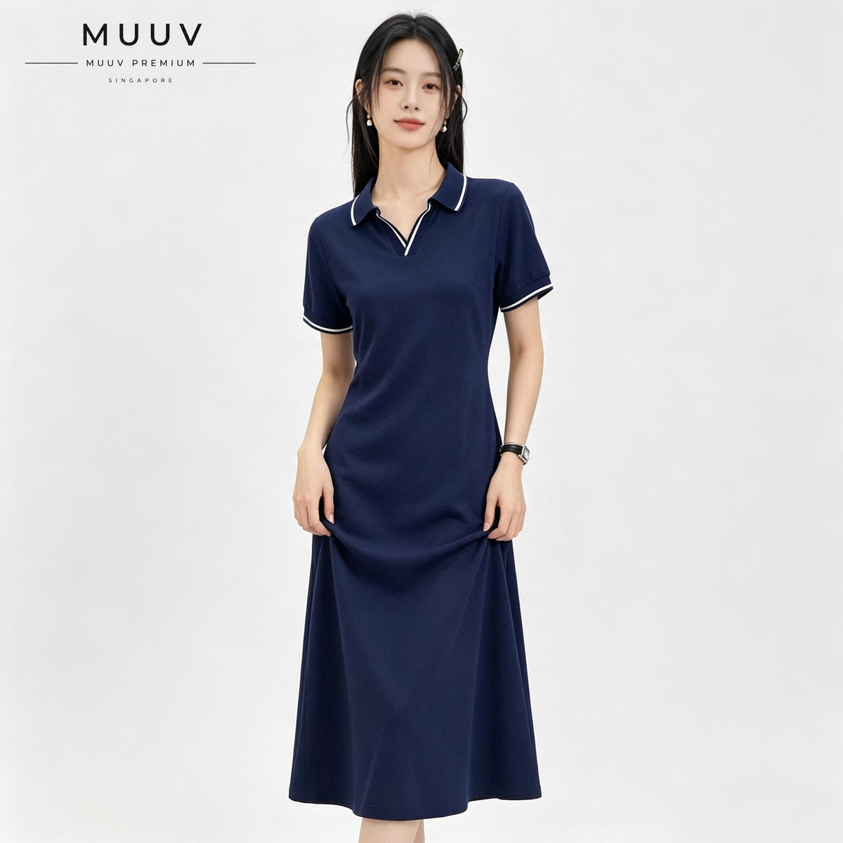 Women V neck Polo Collar Short Sleeved Maxi Dress