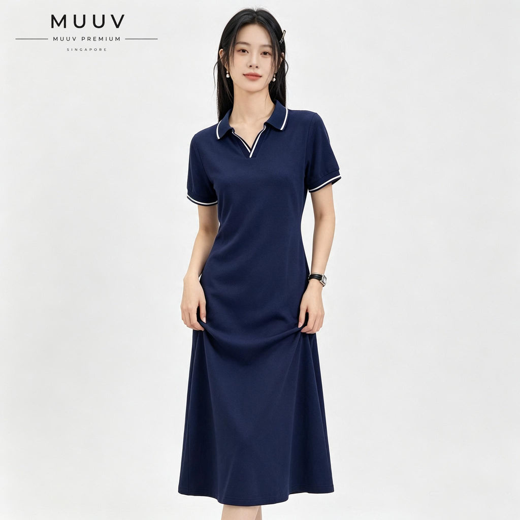 Women V neck Polo Collar Short Sleeved Maxi Dress
