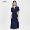 Women V neck Polo Collar Short Sleeved Maxi Dress