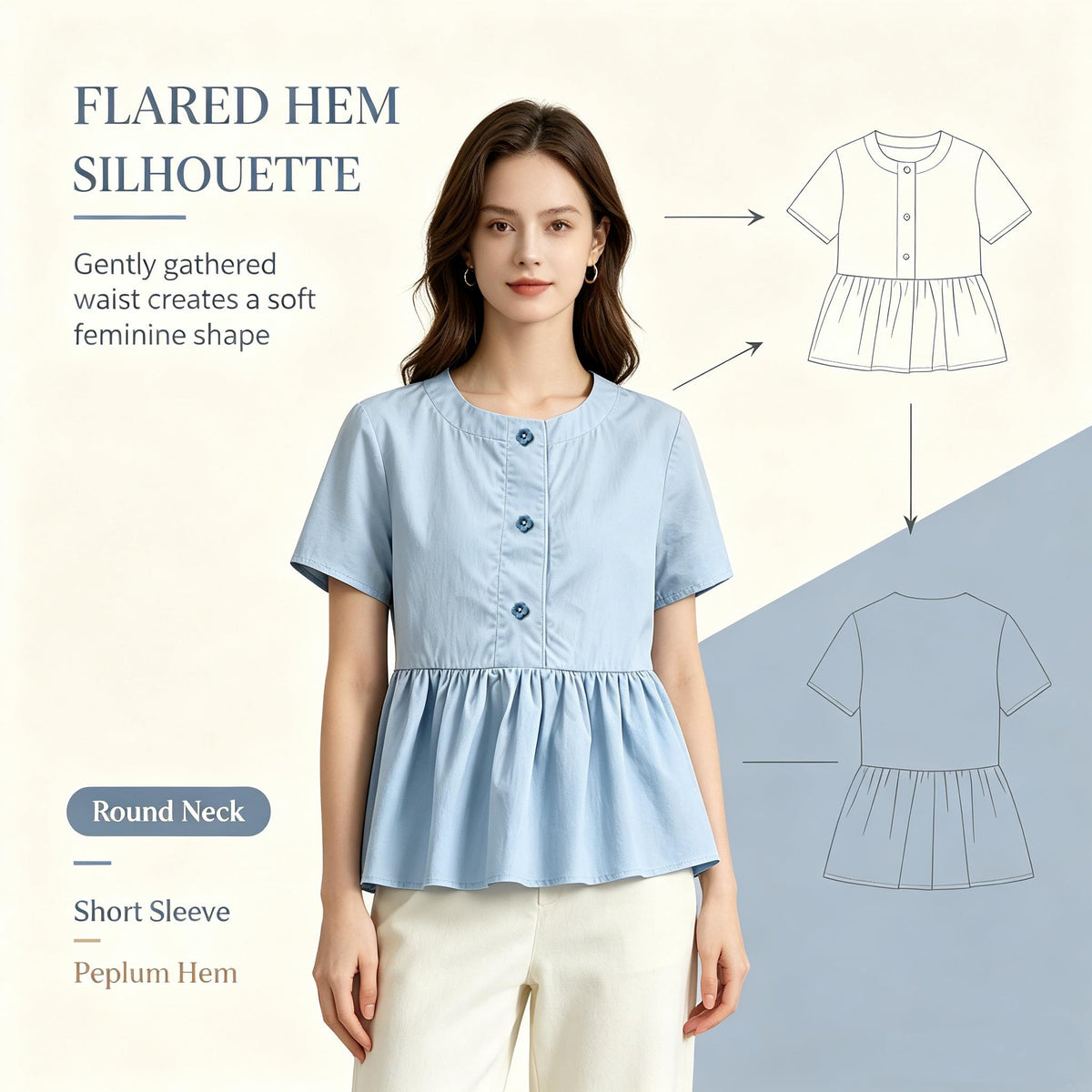 Casual Round Neck Short Sleeve Peplum Blouse Top