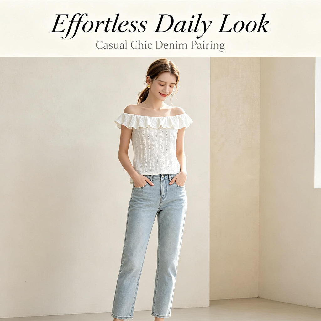 Women Eyelet Embroidery Ruffle Convertible Neck Knit Top
